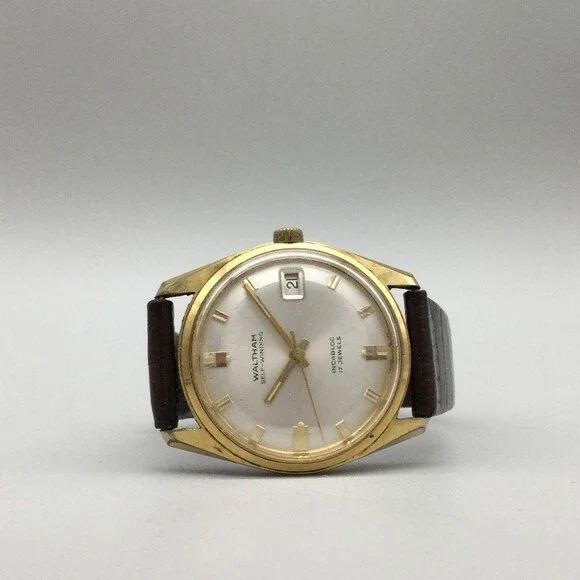 Vintage Waltham Mens Watch 34mm Self Winding Date Brown Leather Incabloc 17J